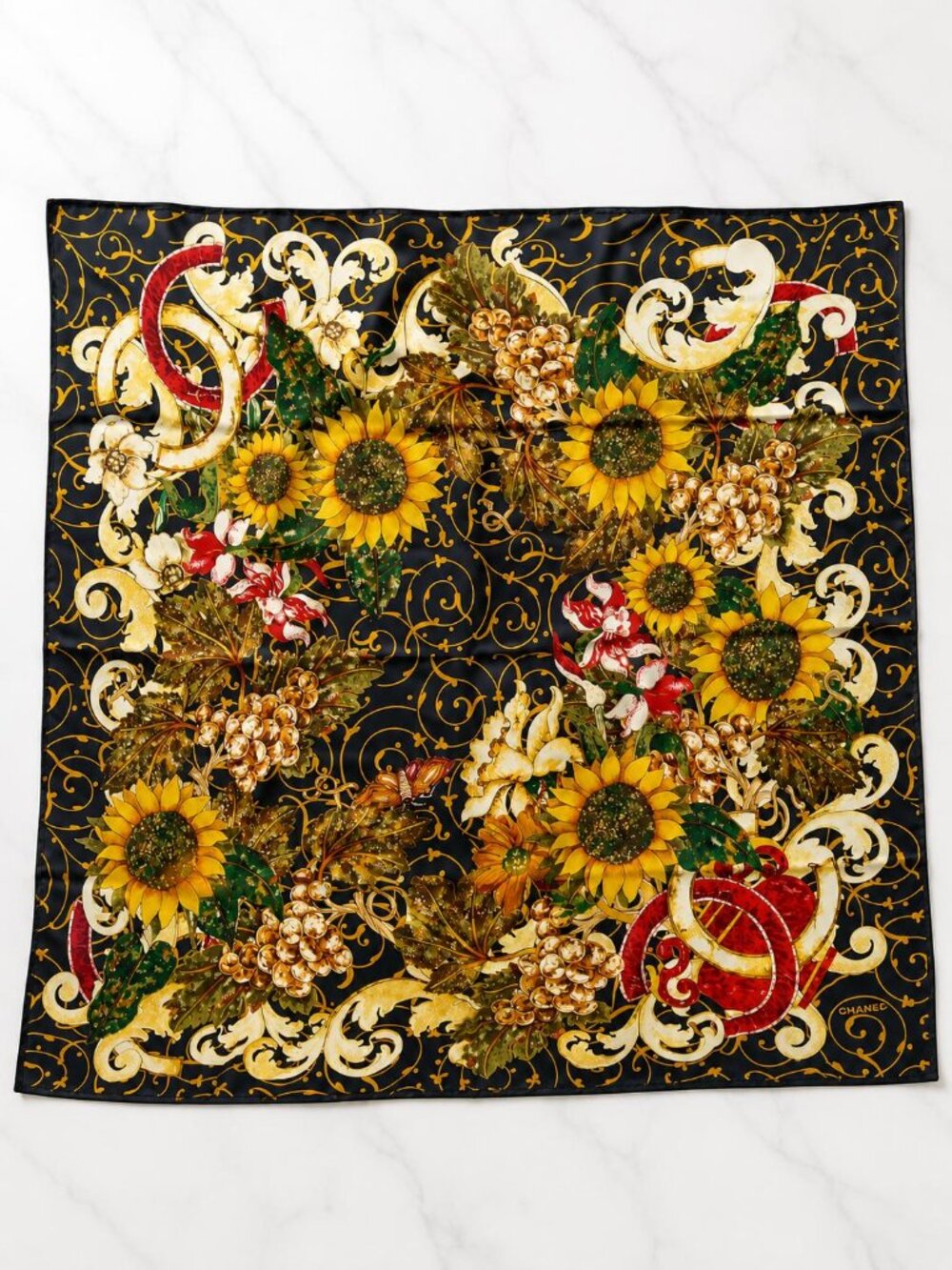 Authentic CHANEL Floral Sunflower Silk Square Scarf CC Logo